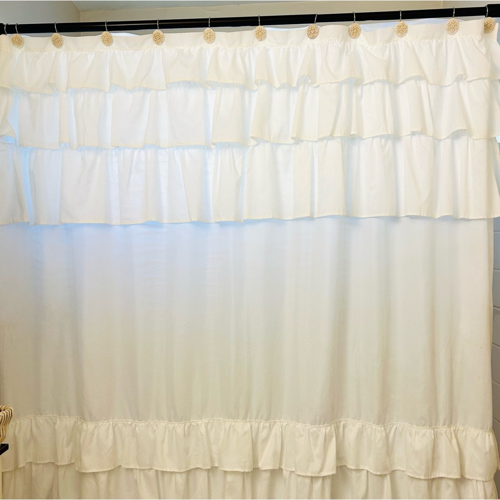 Shower Curtain Farmhouse White with Grace Ruffled 72" x  72" and 12 hooks-Bundle